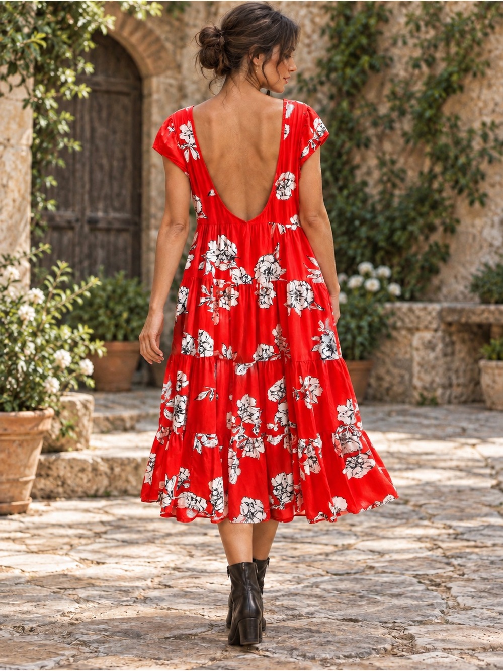 Free People Rita Tiered Midi Dress Red Floral Tiered Open Back